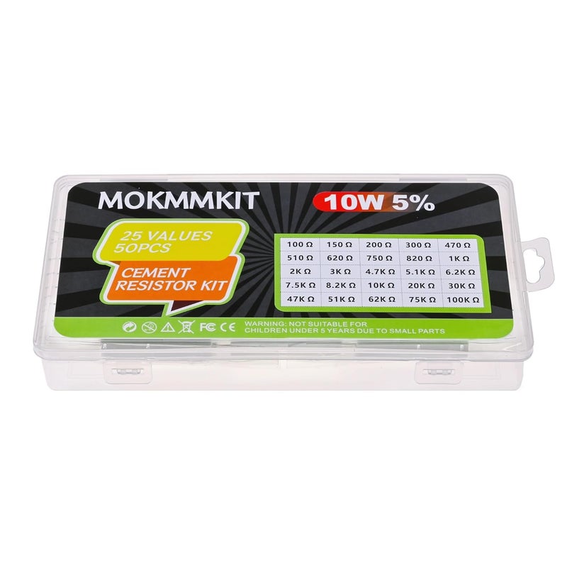 MOKMMKIT 25 Values 50 Pieces Ceramic Cement Resistor KIT 10W Resistance 10 Watt ±5% Power Resistors (100 Ohm - 100K Ohm) - Image 5